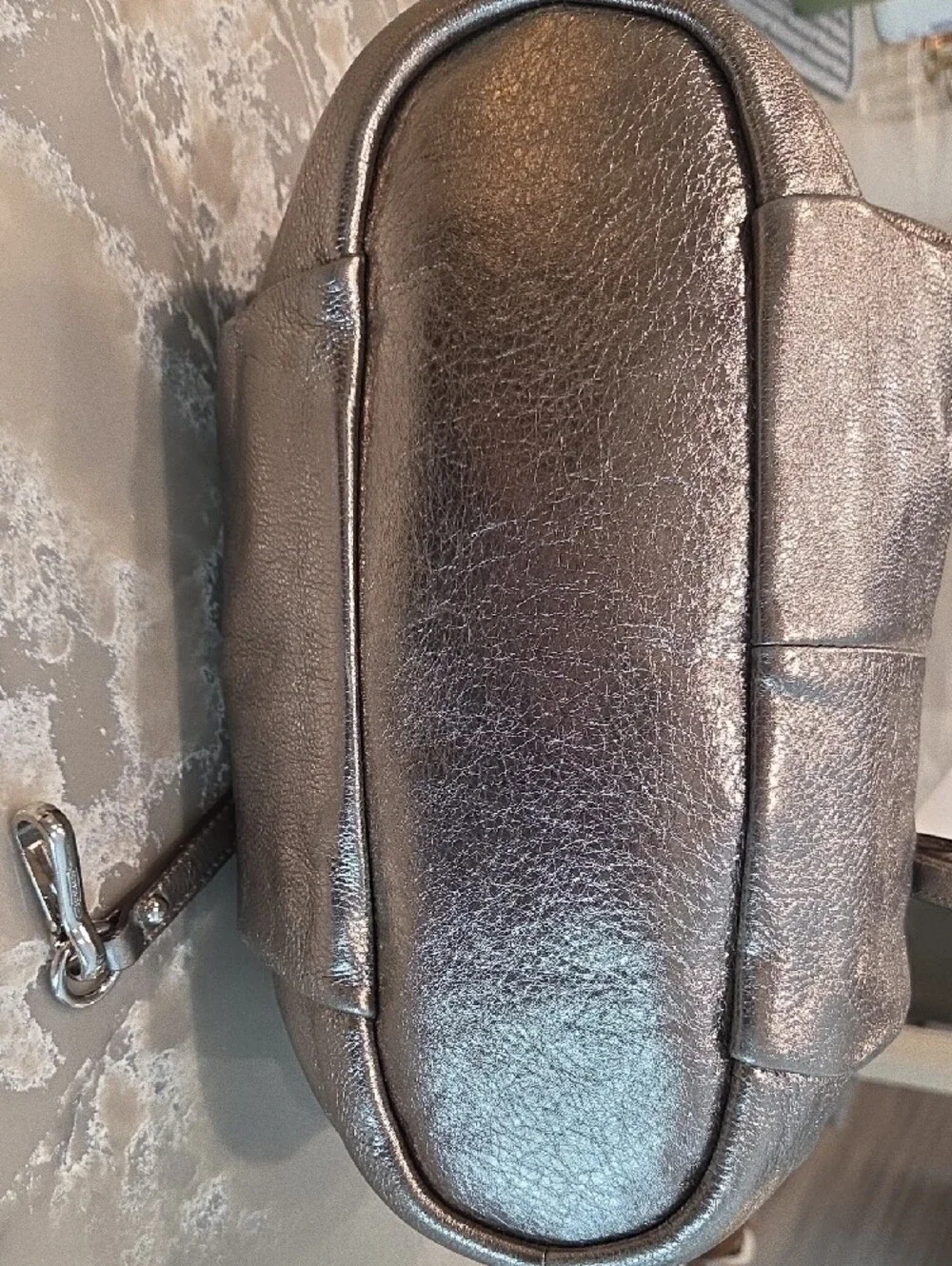 Coach Metallic Pewter Leather Shoulder Bag with Buckle Accents